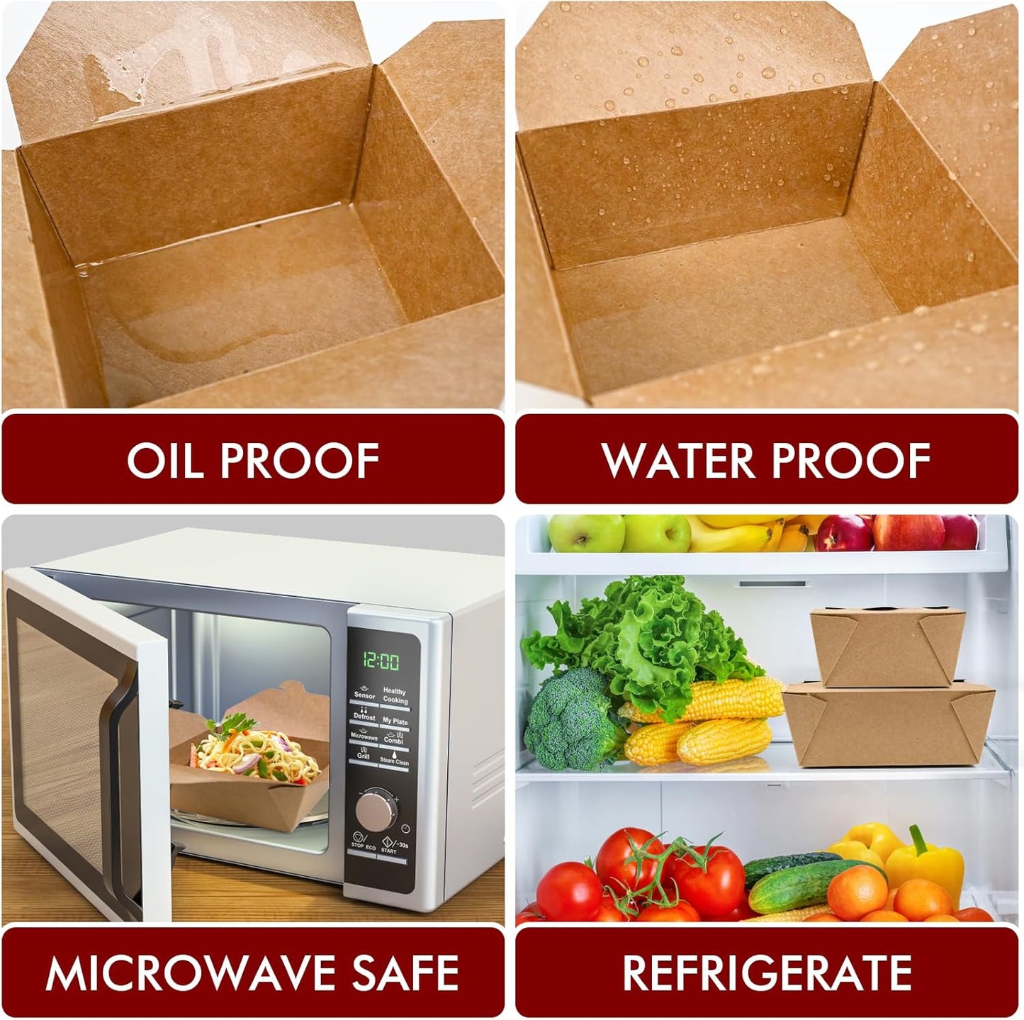 300 Pack 45 Oz Kraft Paper Takeout Food Containers | Fold to Go Boxes, Microwavable, Leakproof, Oil Resistant, Safe for Hot & Cold Storage