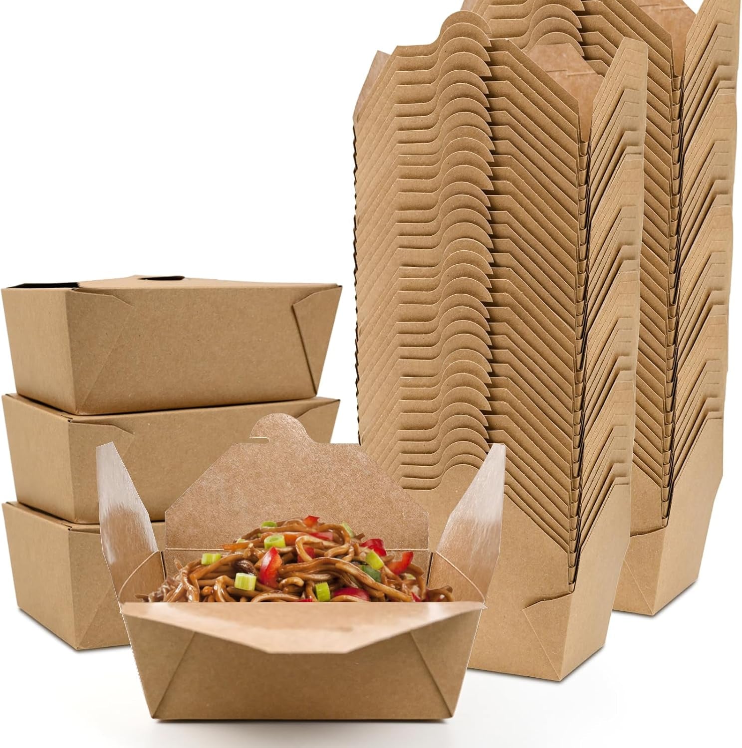 300 Pack 45 Oz Kraft Paper Takeout Food Containers | Fold to Go Boxes, Microwavable, Leakproof, Oil Resistant, Safe for Hot & Cold Storage